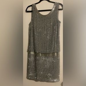 Silver beaded drop waist short dress.